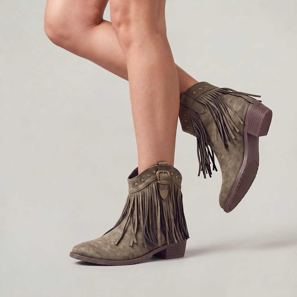 Women’s Fringe Ankle Boots - Studded Block Heel Western Fit