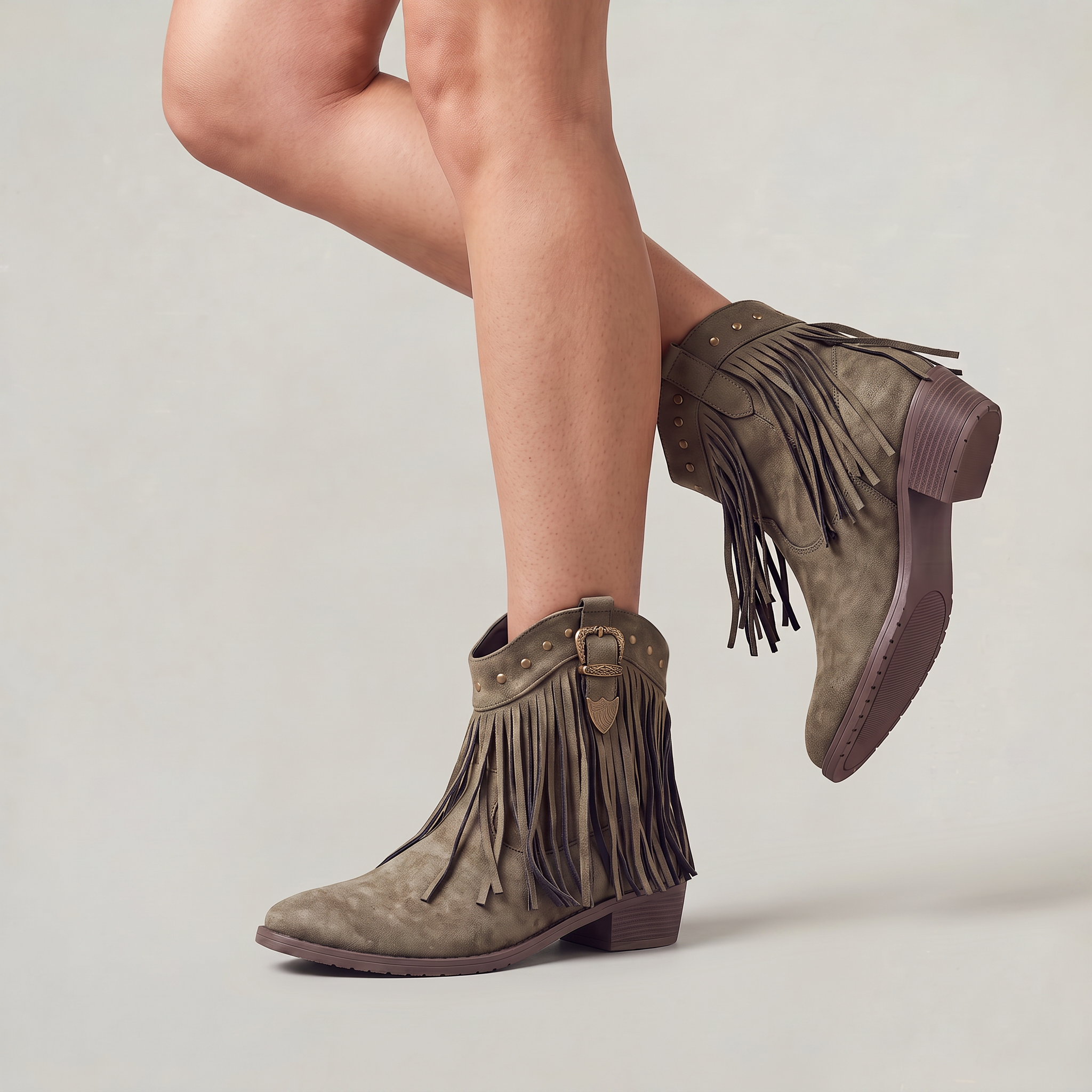 Women’s Fringe Ankle Boots - Studded Block Heel Western Fit