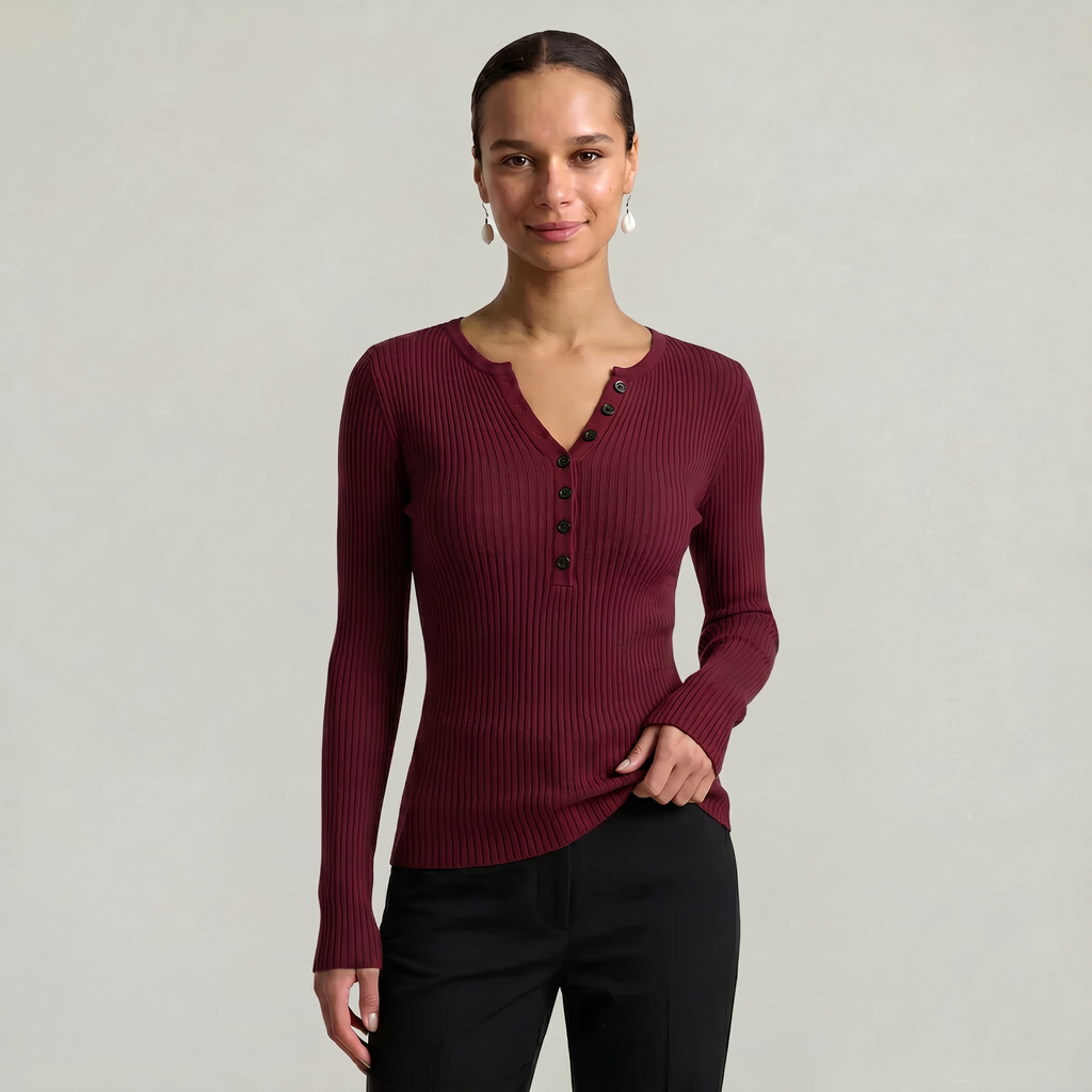 Women’s Long Sleeve Fitted Top - Button Front Slim Fit