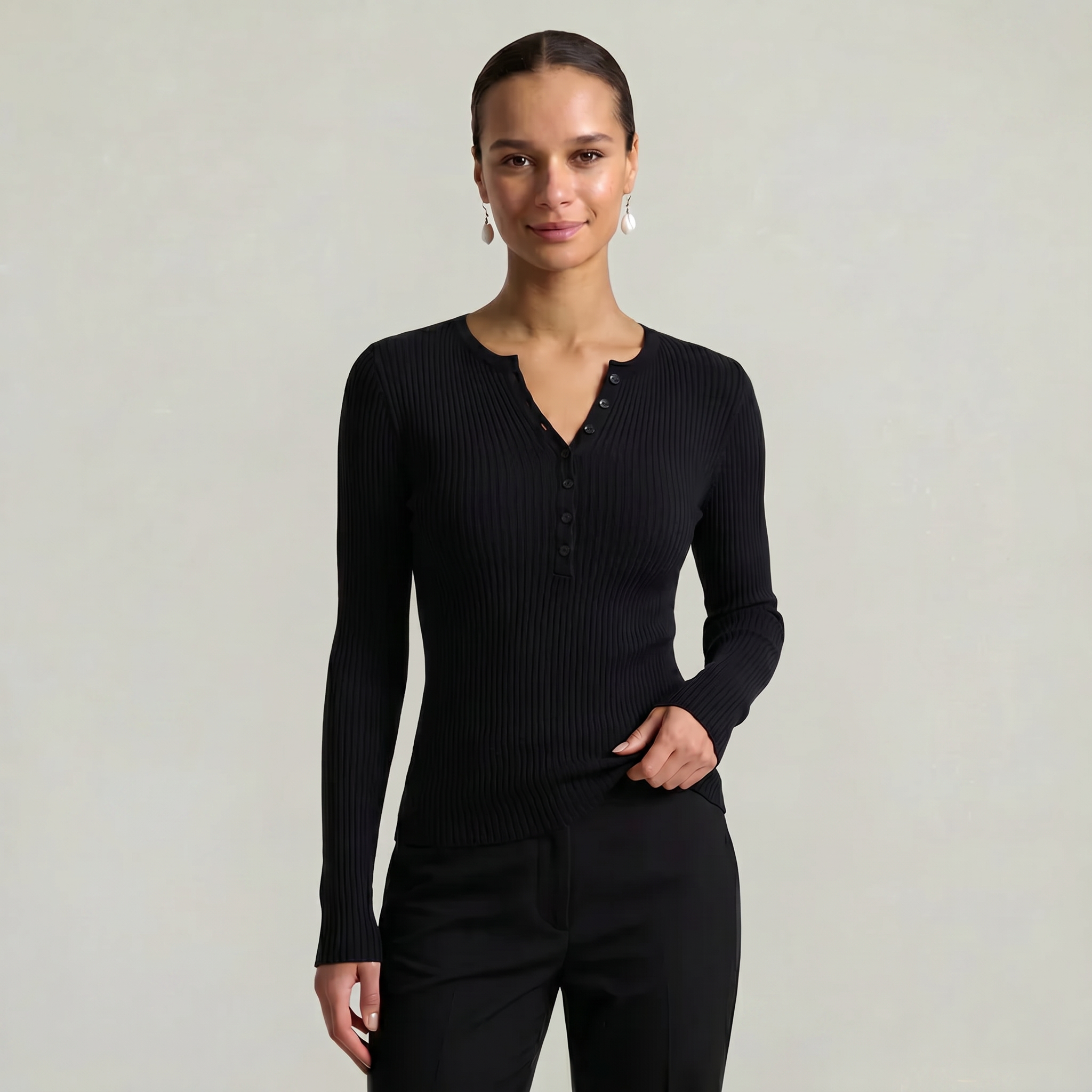 Women’s Long Sleeve Fitted Top - Button Front Slim Fit
