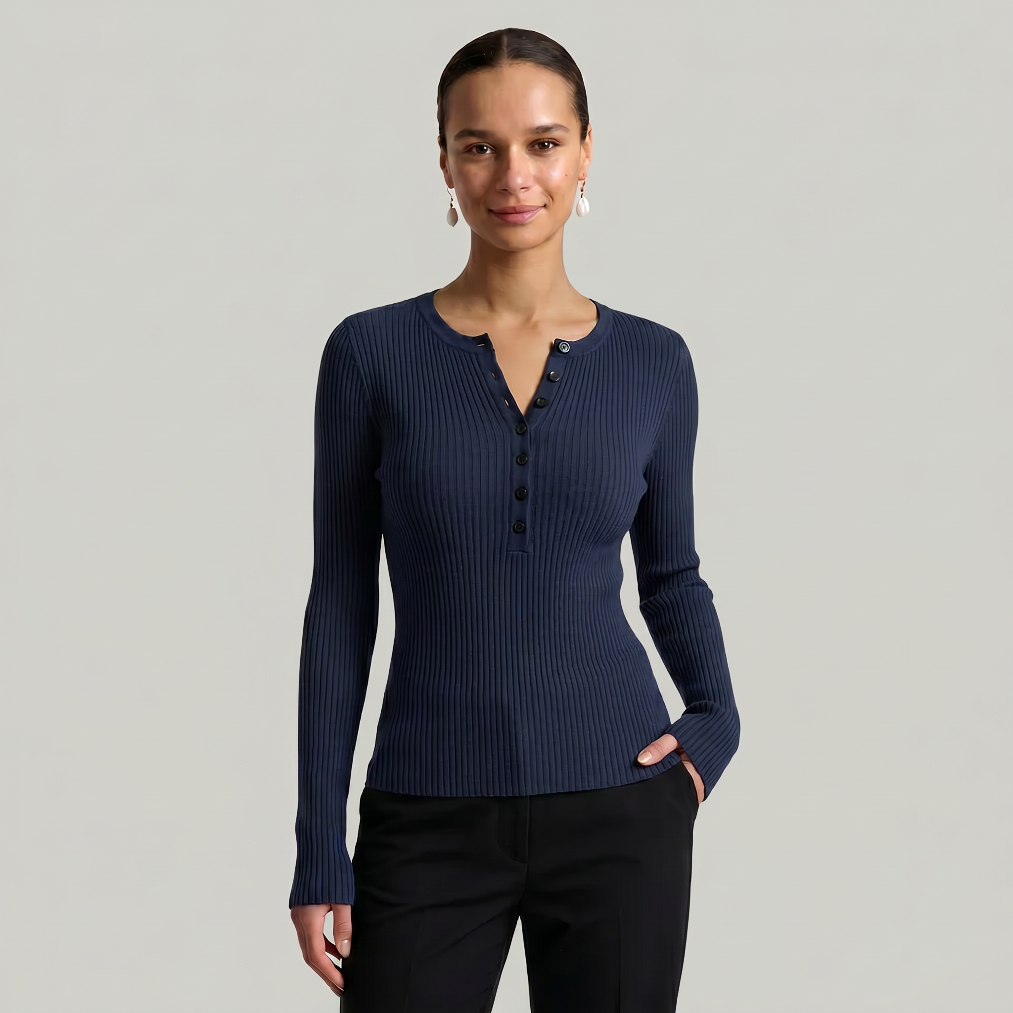 Women’s Long Sleeve Fitted Top - Button Front Slim Fit
