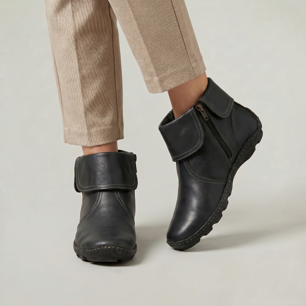 Women's Slip-On Ankle Boots - Side Zip Velcro Strap Comfort Leather Booties Winter