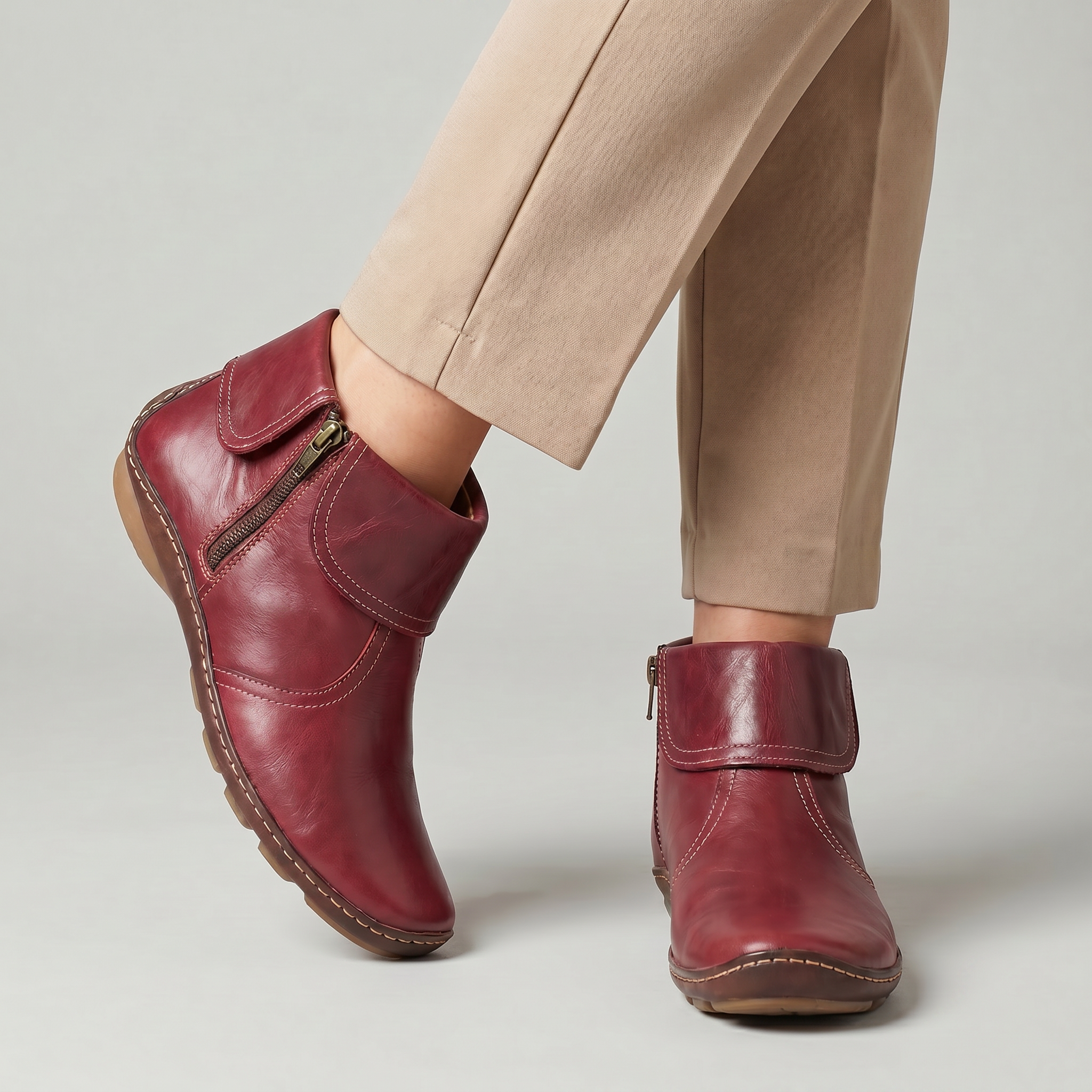 Women's Slip-On Ankle Boots - Side Zip Velcro Strap Comfort Leather Booties Winter