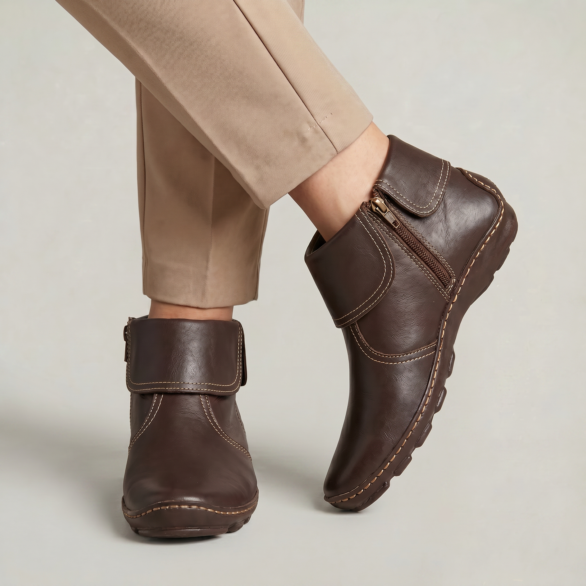 Women's Slip-On Ankle Boots - Side Zip Velcro Strap Comfort Leather Booties Winter