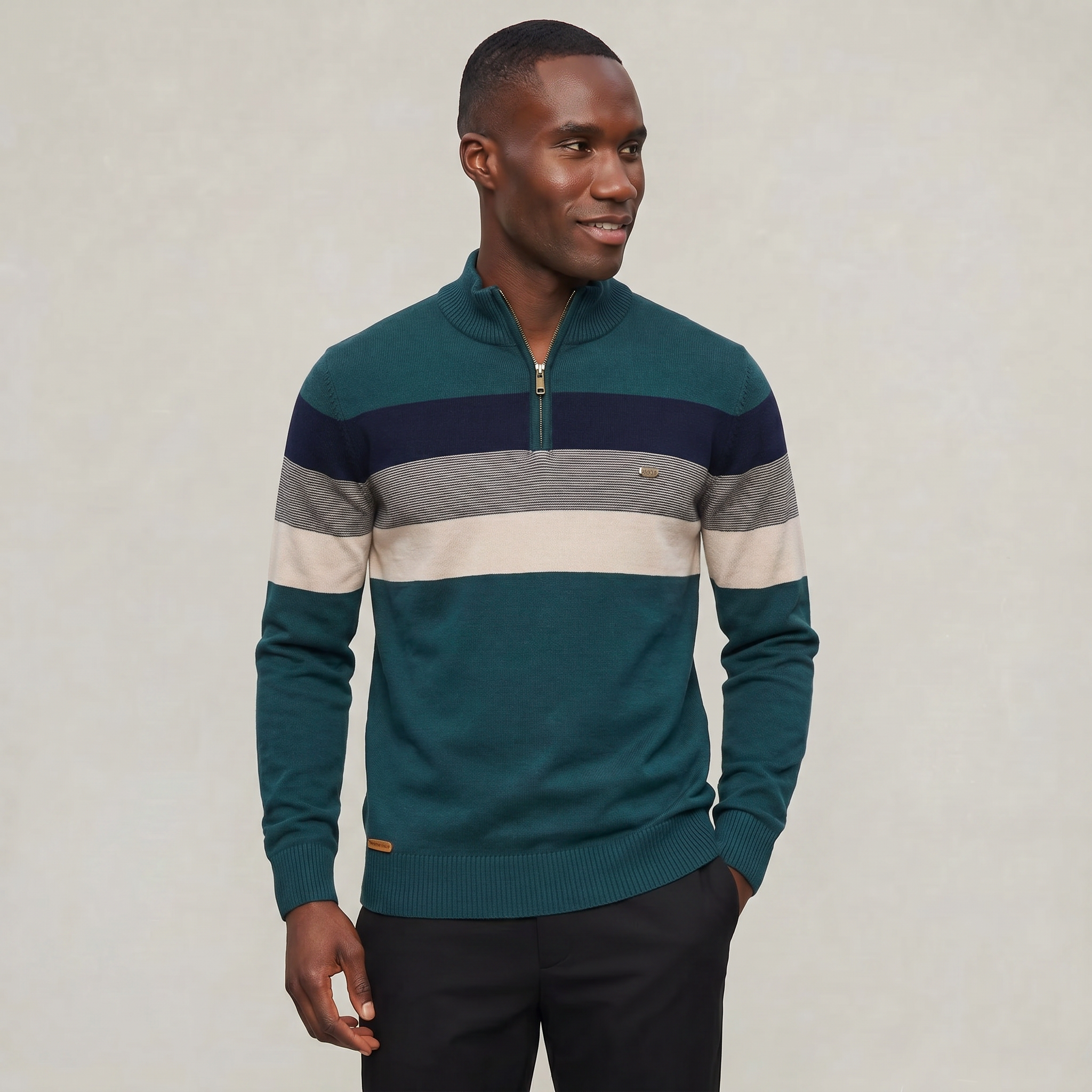 Men's Quarter Zip Sweater - High Neck Color Block Knit Pullover Smart Casual Winter