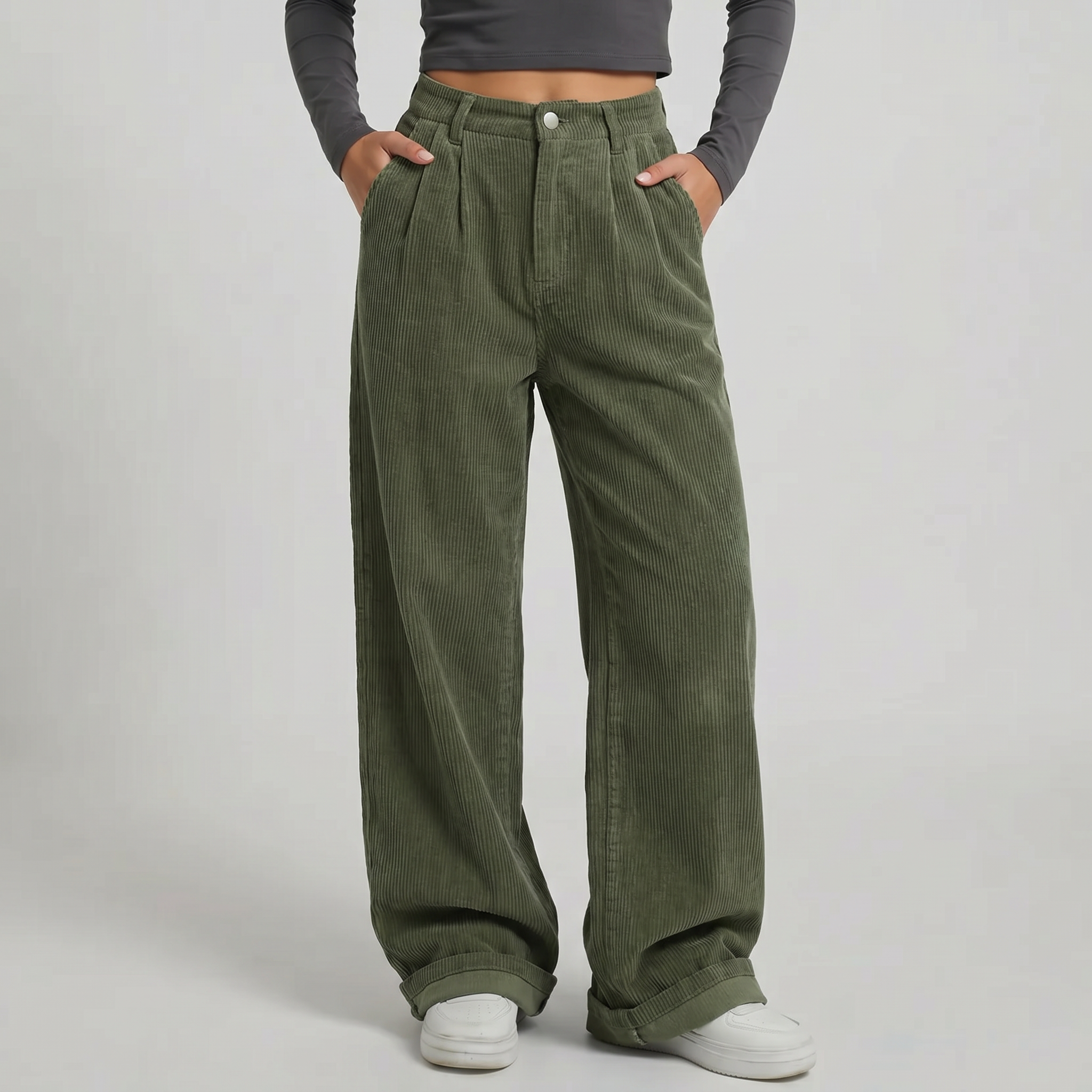 Women’s High-Waisted Corduroy Pants - Wide Leg Loose Fit