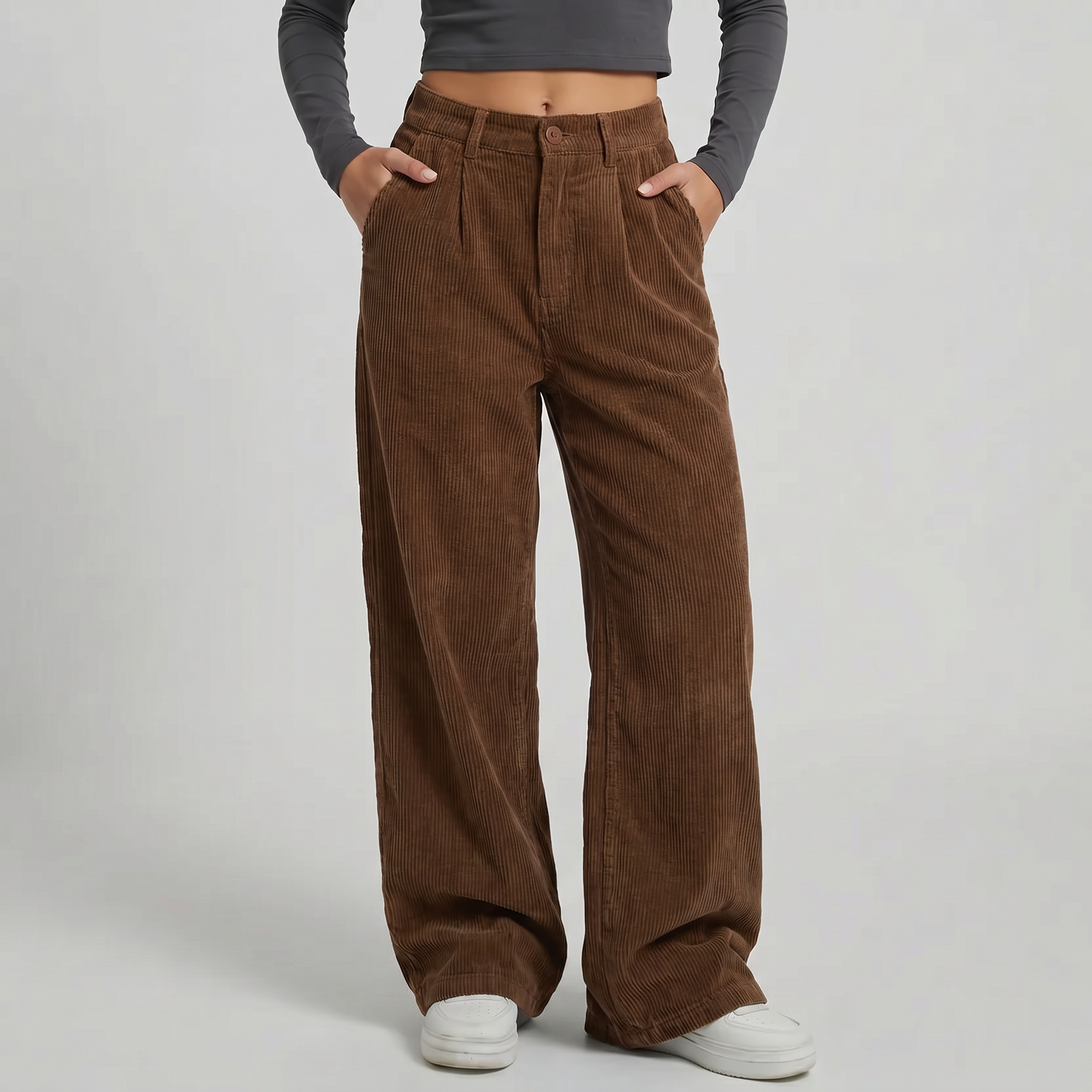 Women’s High-Waisted Corduroy Pants - Wide Leg Loose Fit