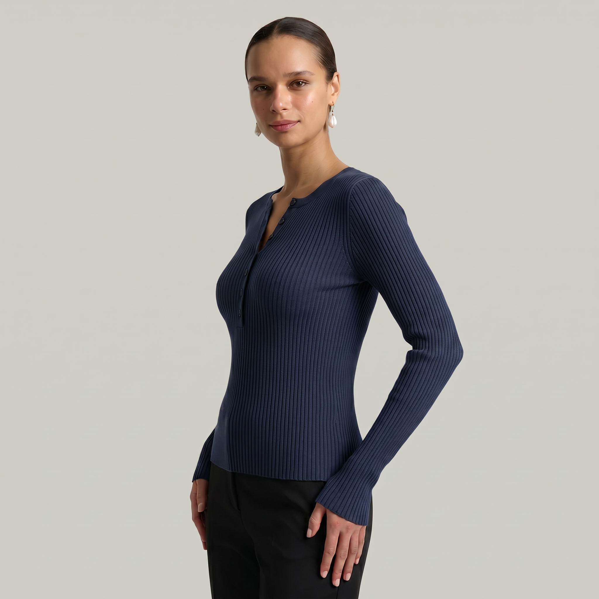 Women’s Long Sleeve Fitted Top - Button Front Slim Fit