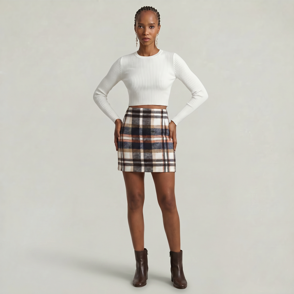 Women’s Plaid A-Line Skirt - High Waist Tweed Style Mini Skirt