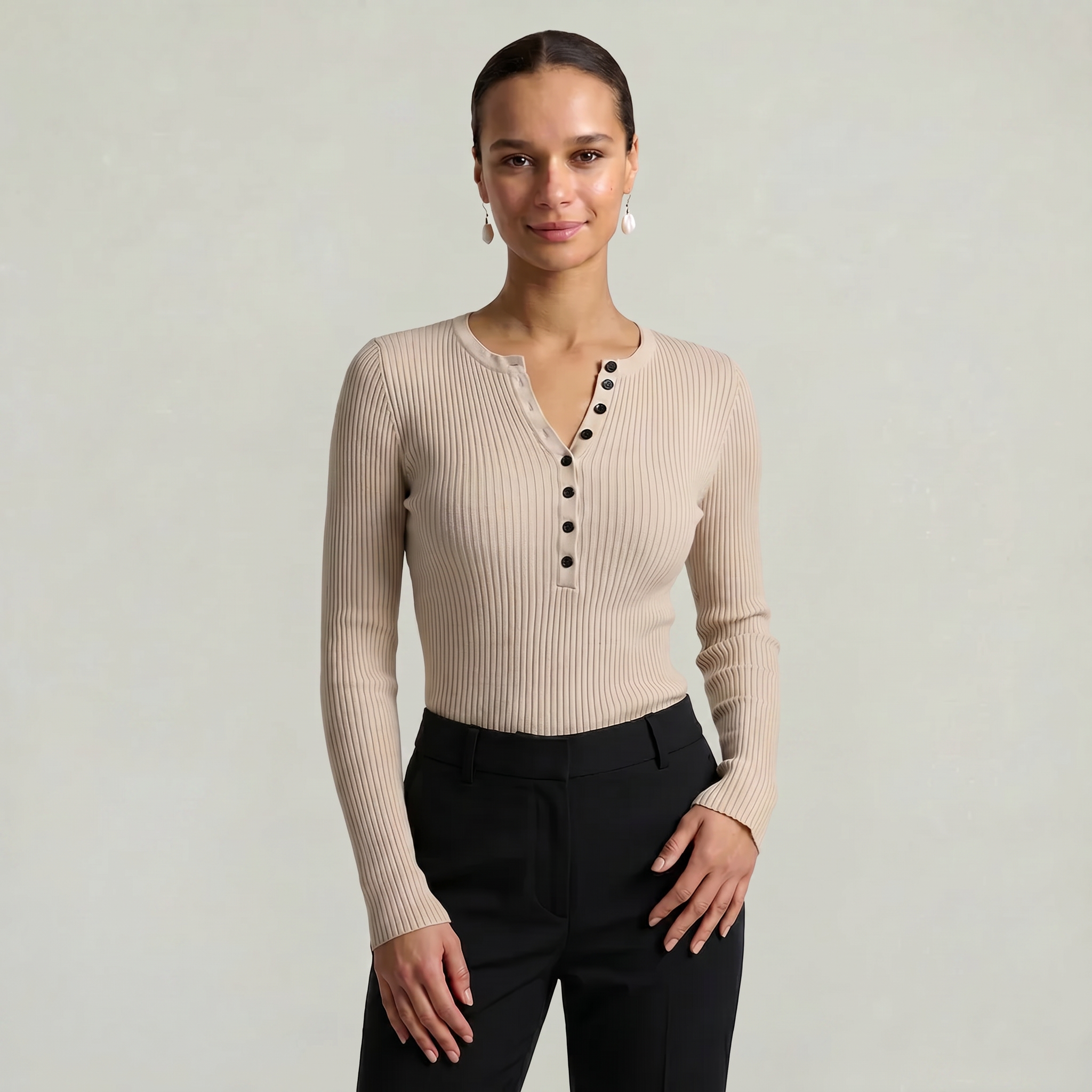 Women’s Long Sleeve Fitted Top - Button Front Slim Fit