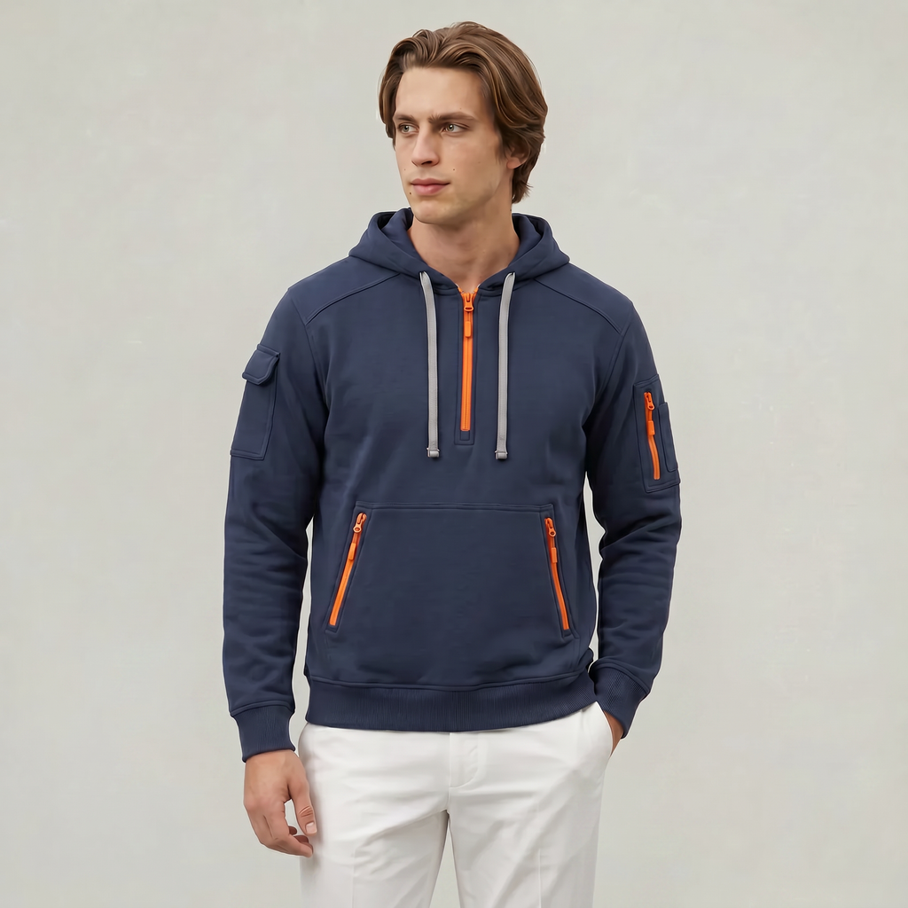 Men's Quarter Zip Tactical Hoodie - Multi-Pocket Fleece Pullover Sweatshirt