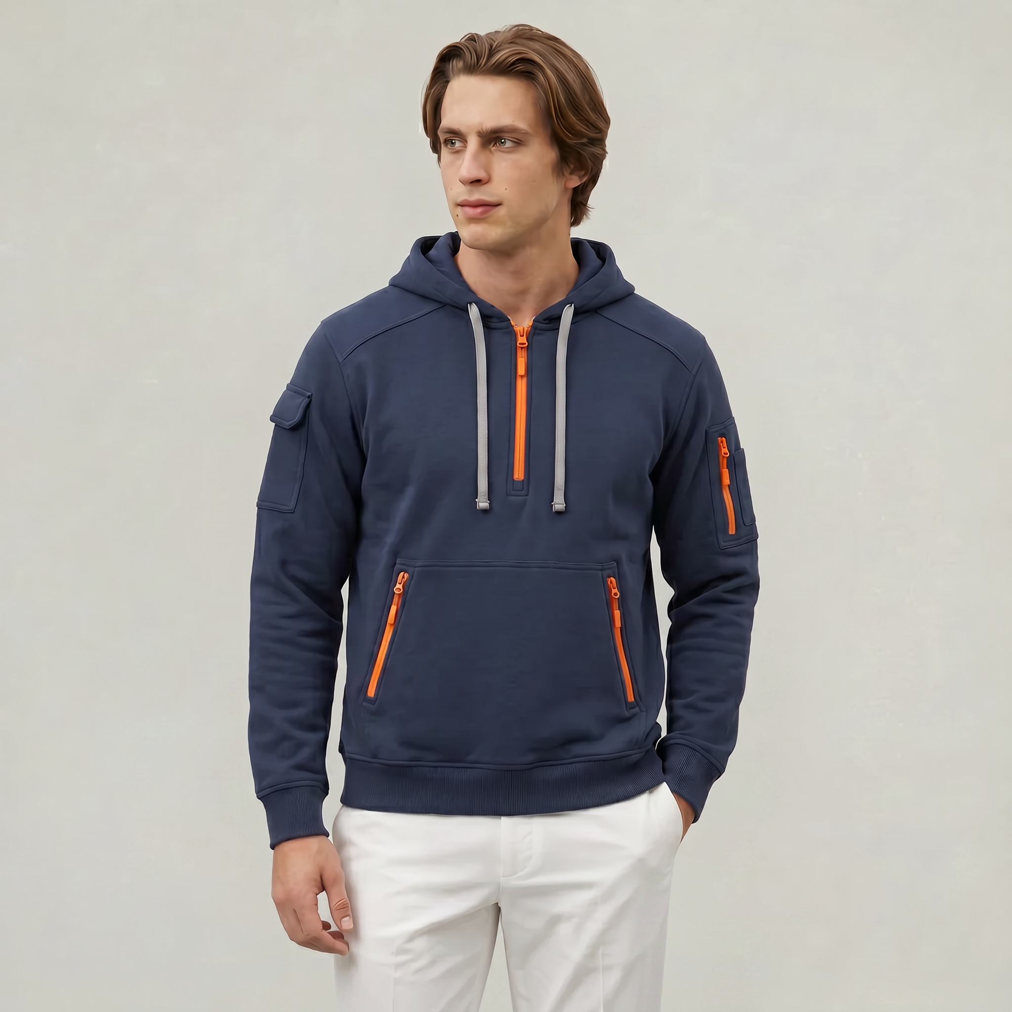 Men's Quarter Zip Tactical Hoodie - Multi-Pocket Fleece Pullover Sweatshirt