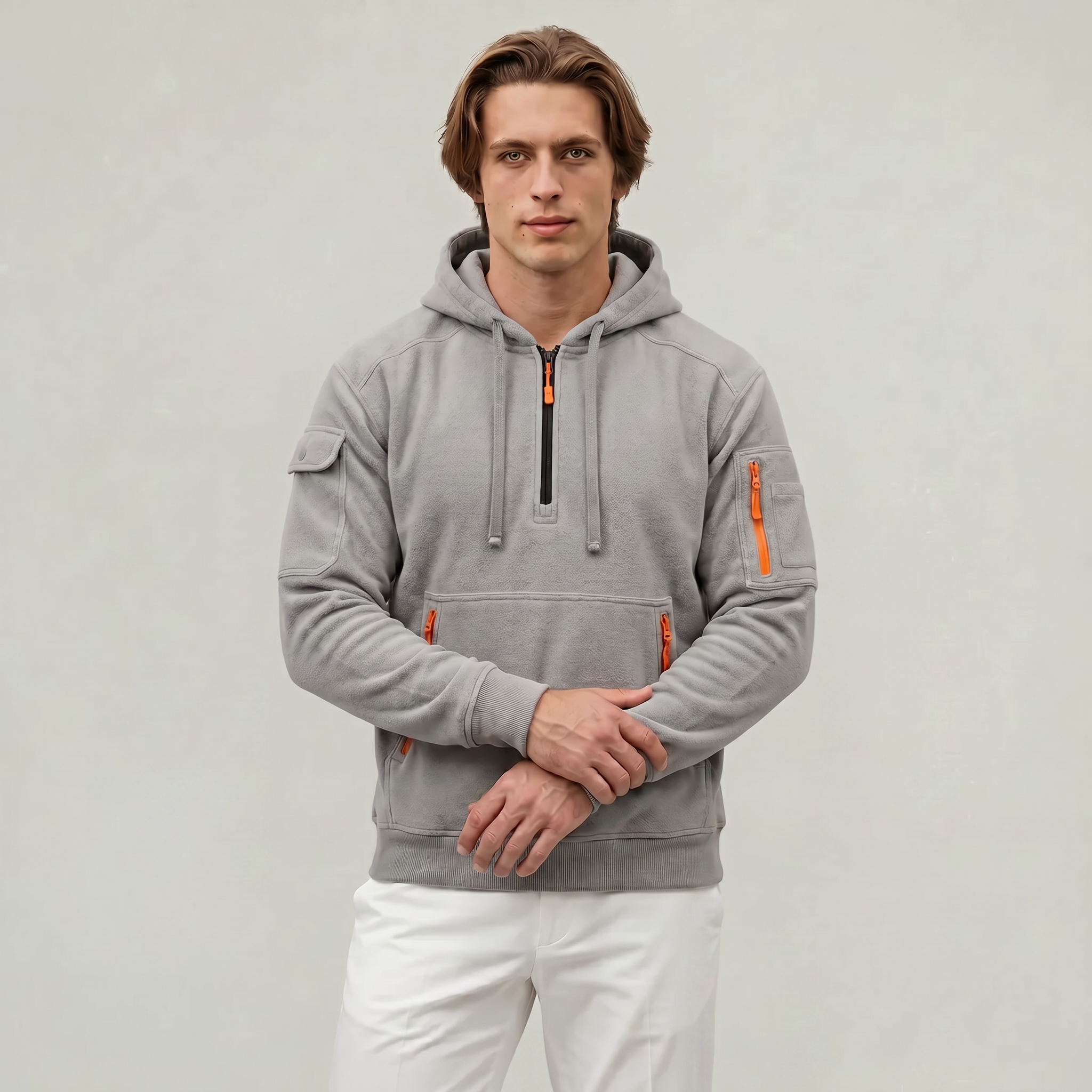 Men's Quarter Zip Tactical Hoodie - Multi-Pocket Fleece Pullover Sweatshirt