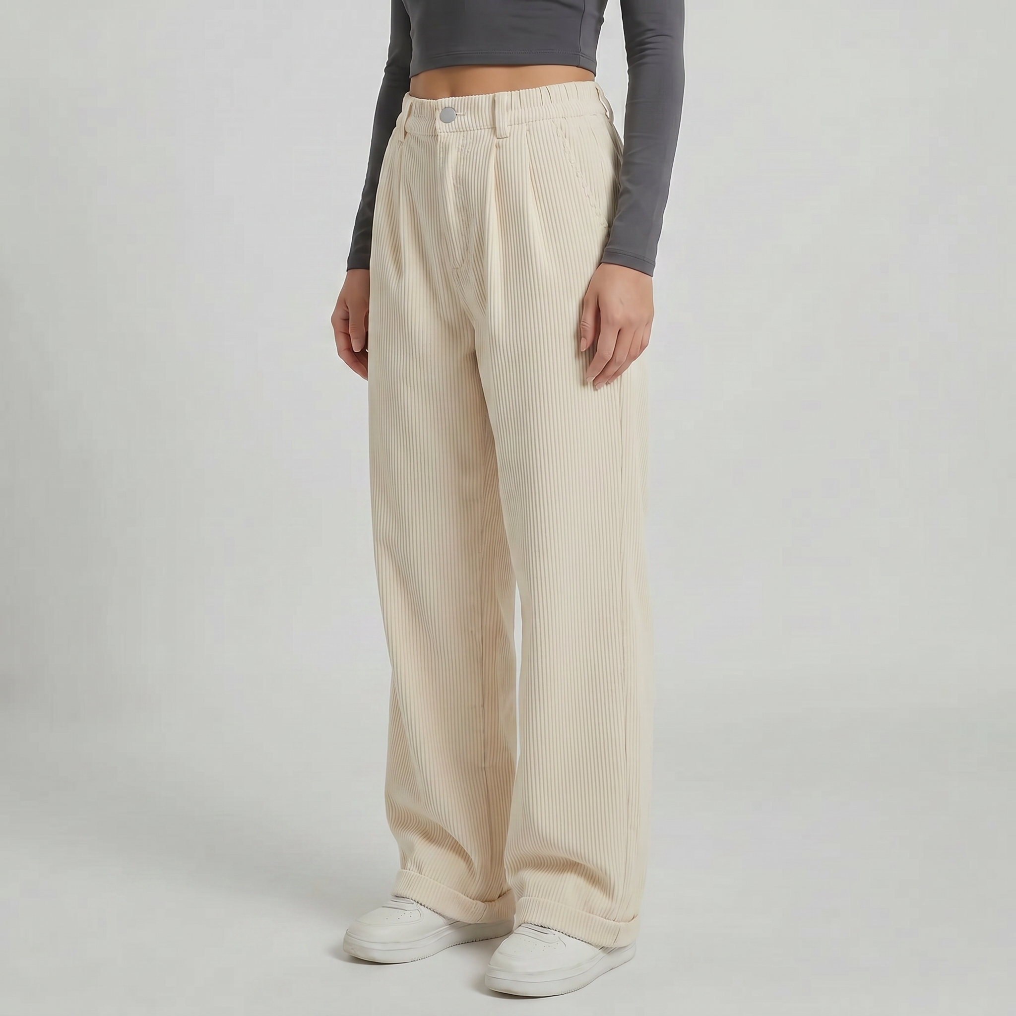 Women’s High-Waisted Corduroy Pants - Wide Leg Loose Fit