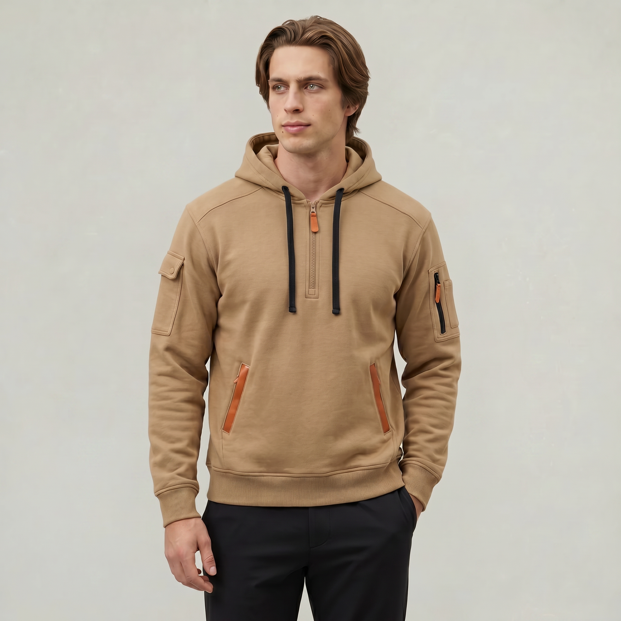 Men's Quarter Zip Tactical Hoodie - Multi-Pocket Fleece Pullover Sweatshirt