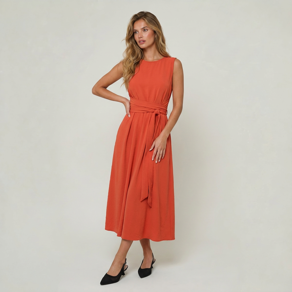 Women’s Midi Dress Tie Waist Sleeveless