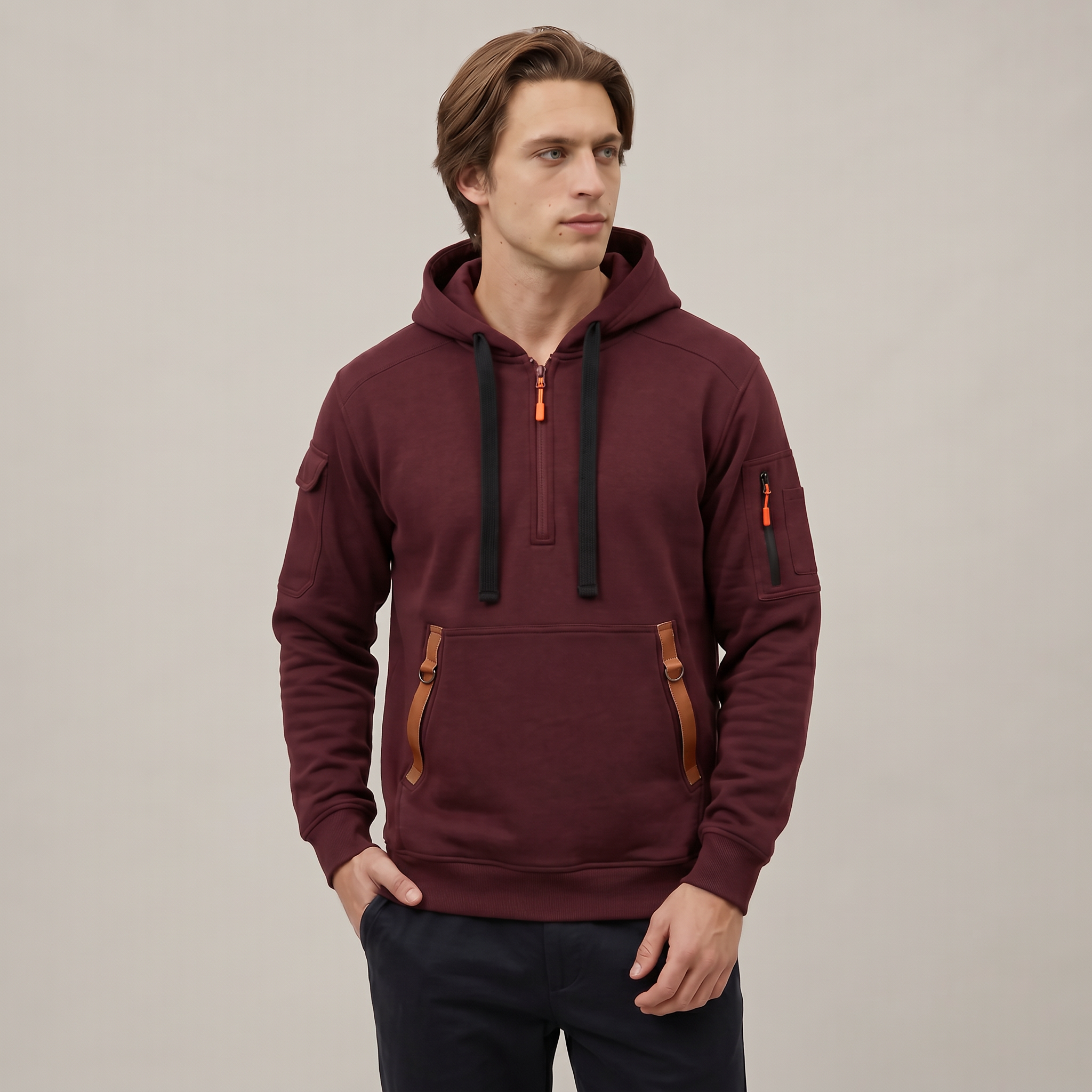 Men's Quarter Zip Tactical Hoodie - Multi-Pocket Fleece Pullover Sweatshirt