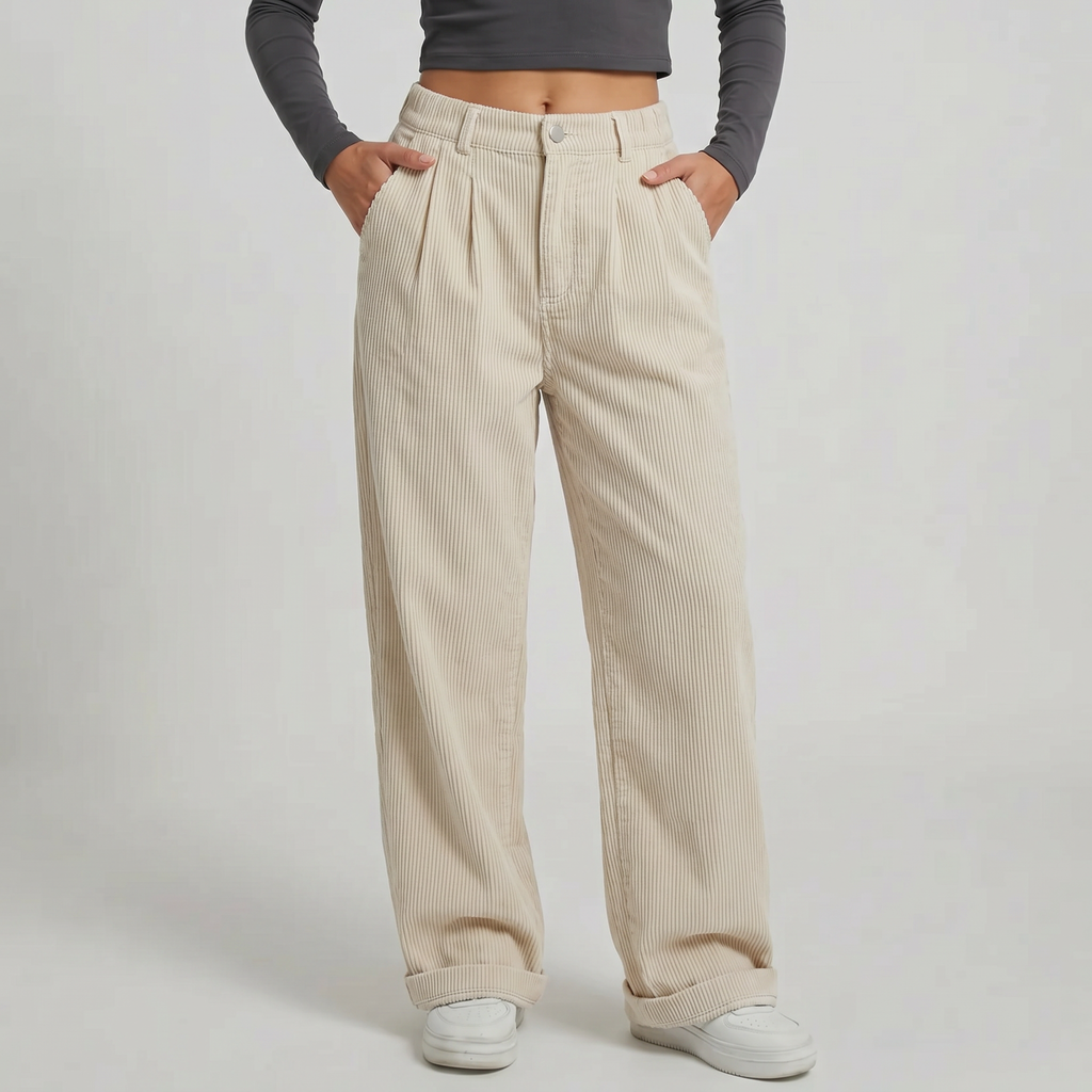Women’s High-Waisted Corduroy Pants - Wide Leg Loose Fit