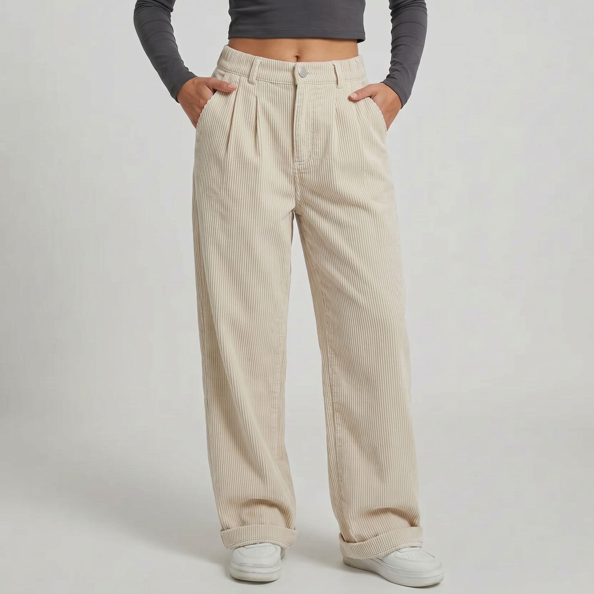 Women’s High-Waisted Corduroy Pants - Wide Leg Loose Fit