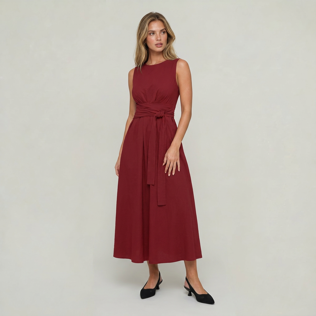 Women’s Midi Dress Tie Waist Sleeveless