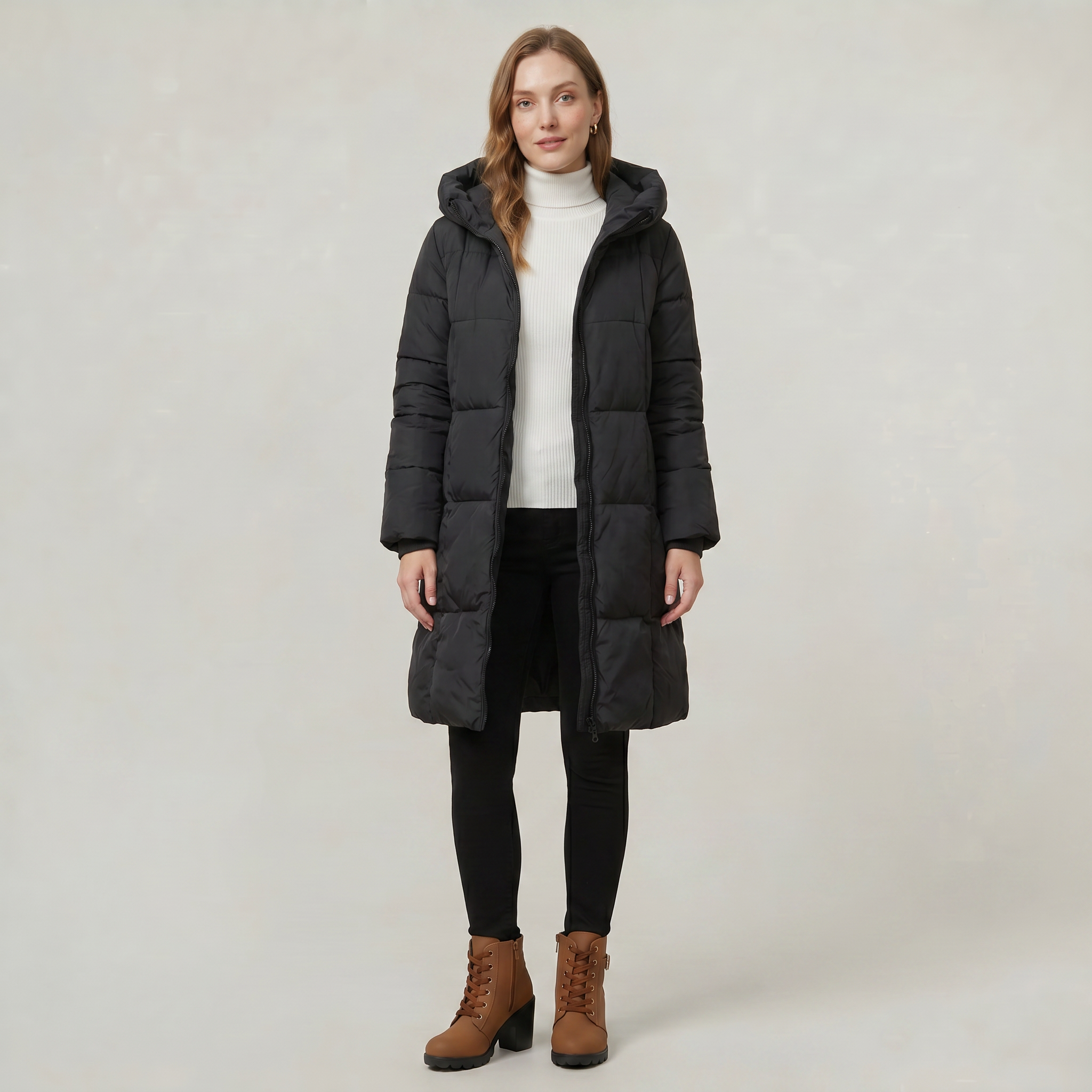 Women’s Quilted Puffer Coat - Long Hooded Regular Fit