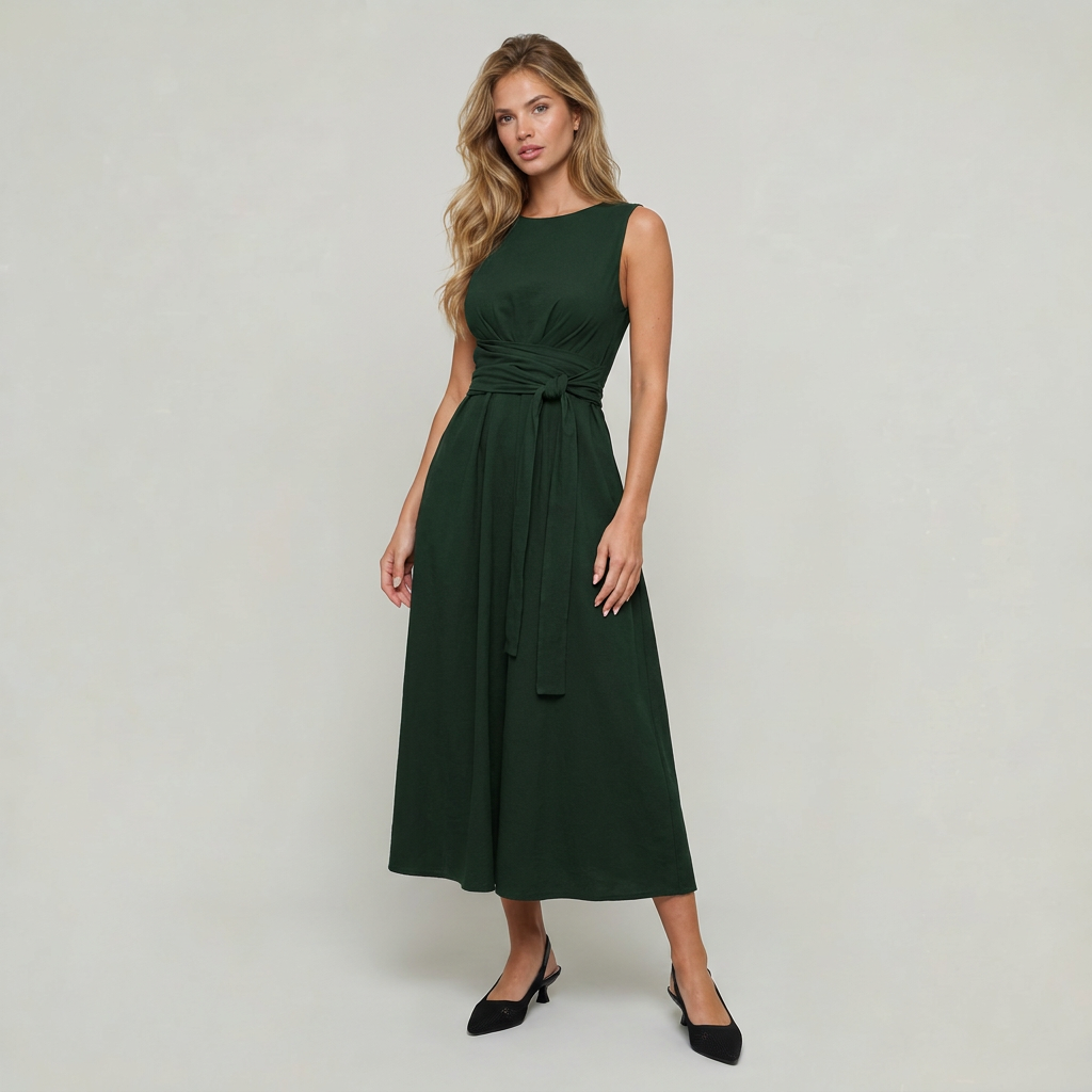 Women’s Midi Dress Tie Waist Sleeveless