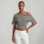 Women’s Striped Ruched Waist T-Shirt - Inclined Shoulder Slim Fit Casual Top