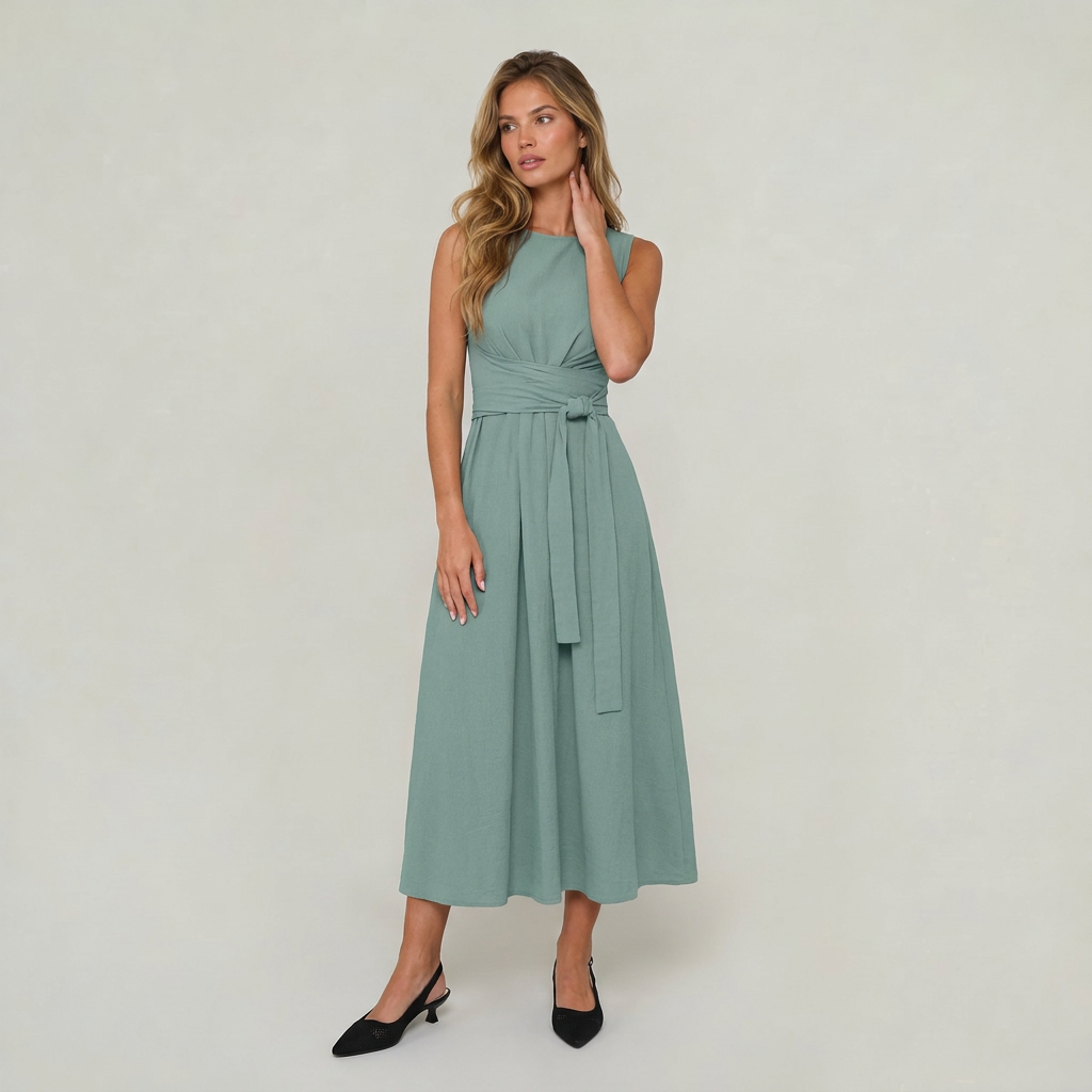 Women’s Midi Dress Tie Waist Sleeveless