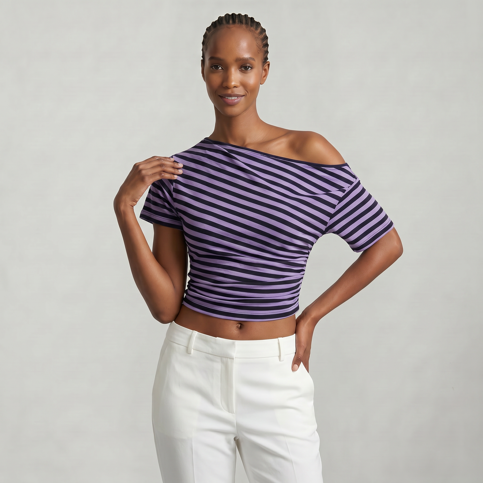 Women’s Striped Ruched Waist T-Shirt - Inclined Shoulder Slim Fit Casual Top