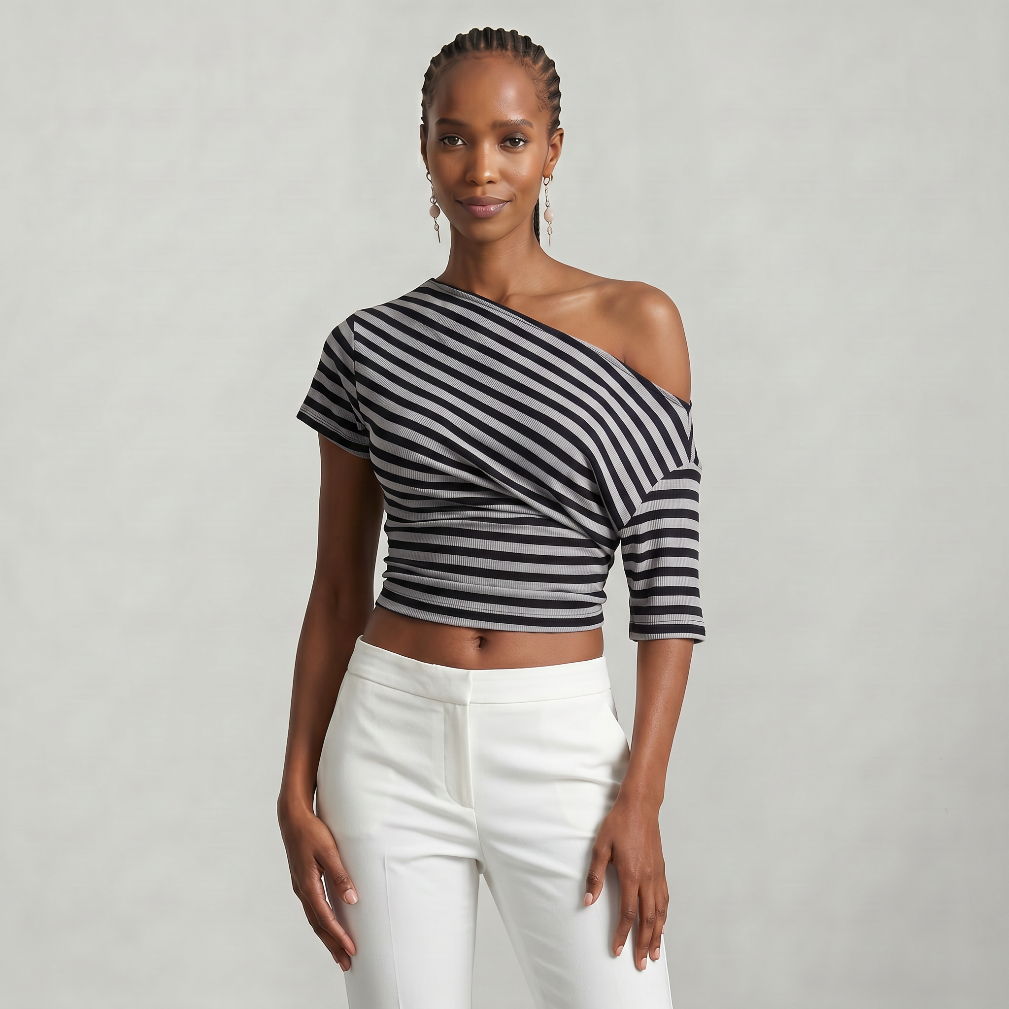 Women’s Striped Ruched Waist T-Shirt - Inclined Shoulder Slim Fit Casual Top
