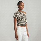 Women’s Striped Ruched Waist T-Shirt - Inclined Shoulder Slim Fit Casual Top