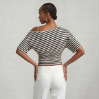 Women’s Striped Ruched Waist T-Shirt - Inclined Shoulder Slim Fit Casual Top