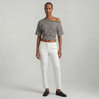 Women’s Striped Ruched Waist T-Shirt - Inclined Shoulder Slim Fit Casual Top