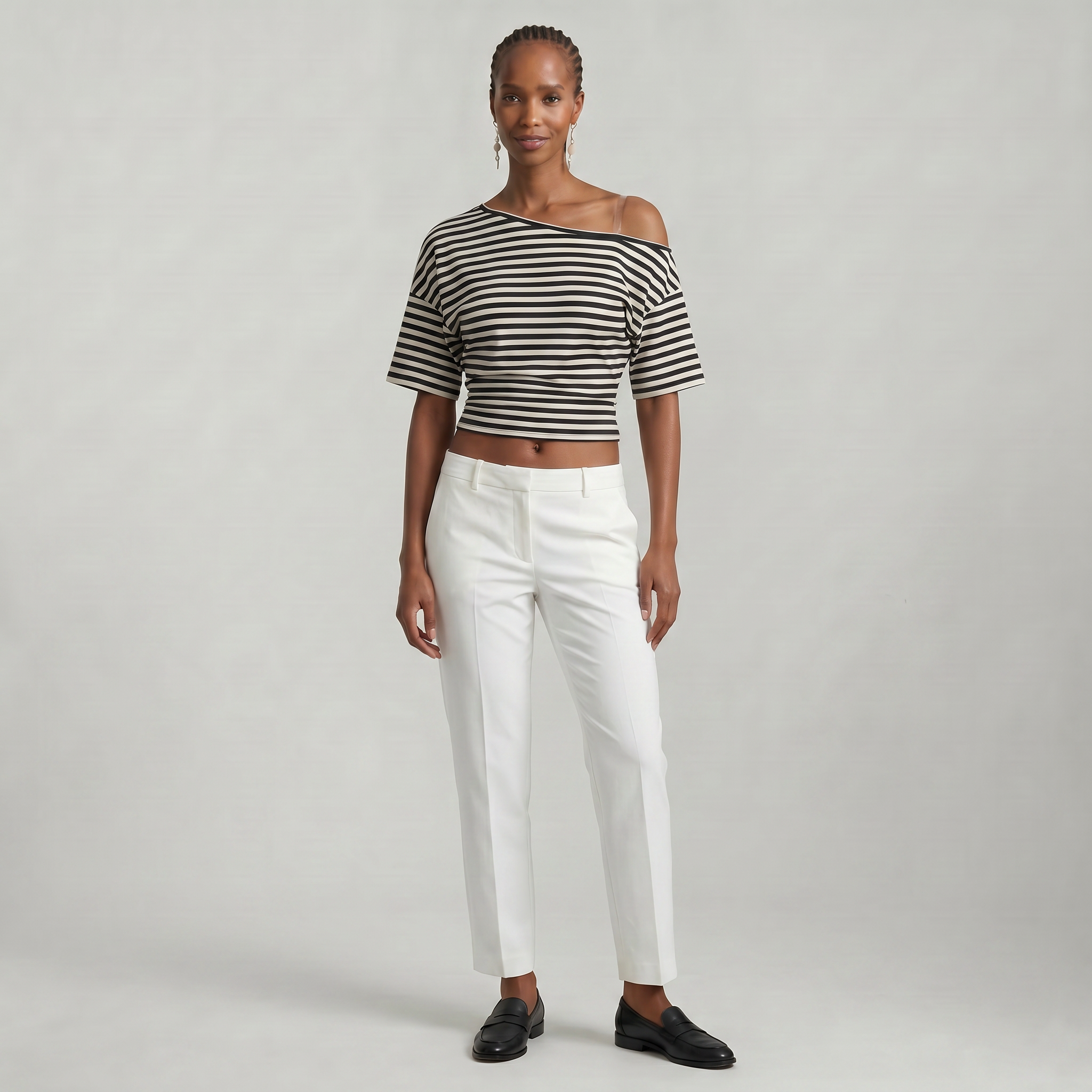 Women’s Striped Ruched Waist T-Shirt - Inclined Shoulder Slim Fit Casual Top