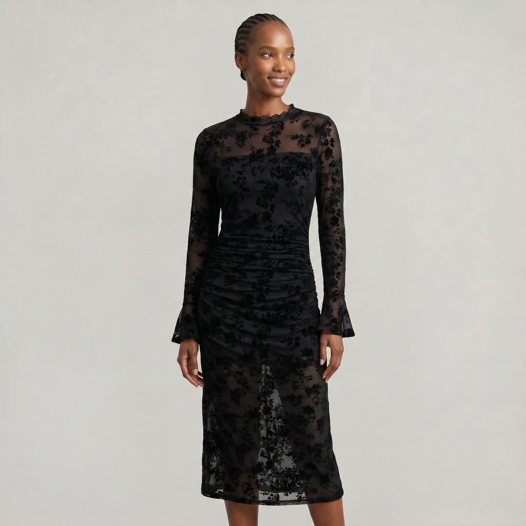 Women’s Black Lace Midi Dress - Long Sleeve Fitted Fit
