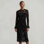 Women’s Black Lace Midi Dress - Long Sleeve Fitted Fit