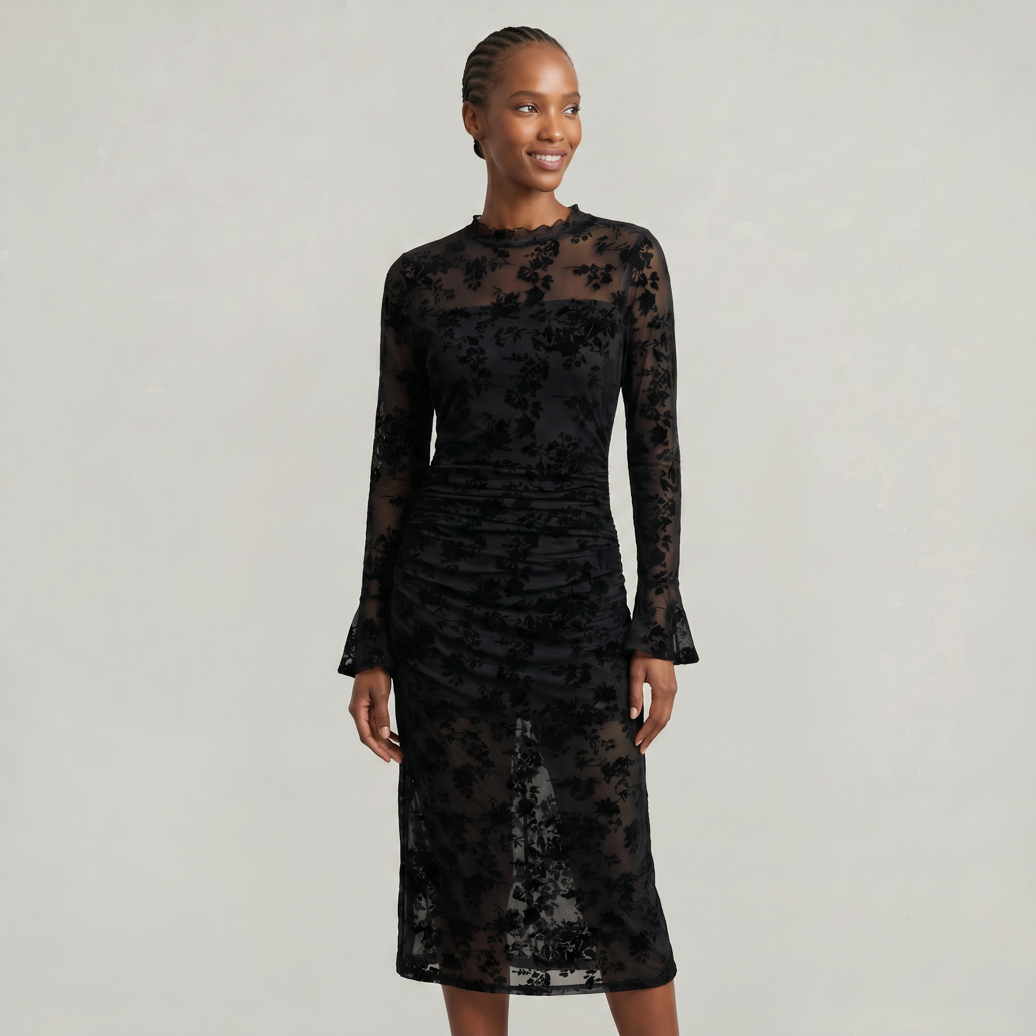 Women’s Black Lace Midi Dress - Long Sleeve Fitted Fit