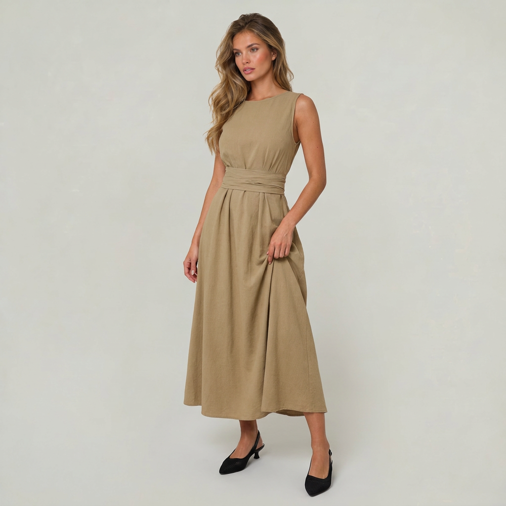 Women’s Midi Dress Tie Waist Sleeveless