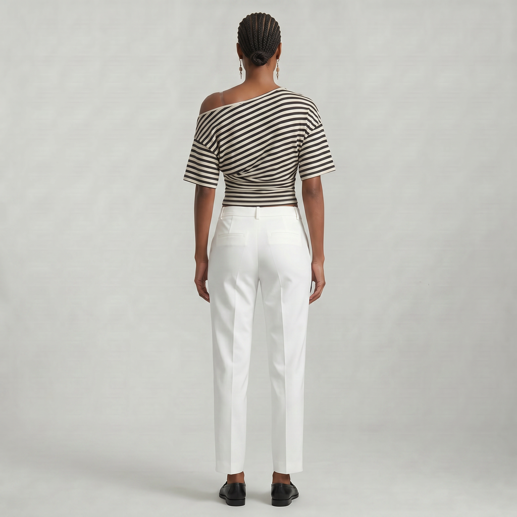 Women’s Striped Ruched Waist T-Shirt - Inclined Shoulder Slim Fit Casual Top