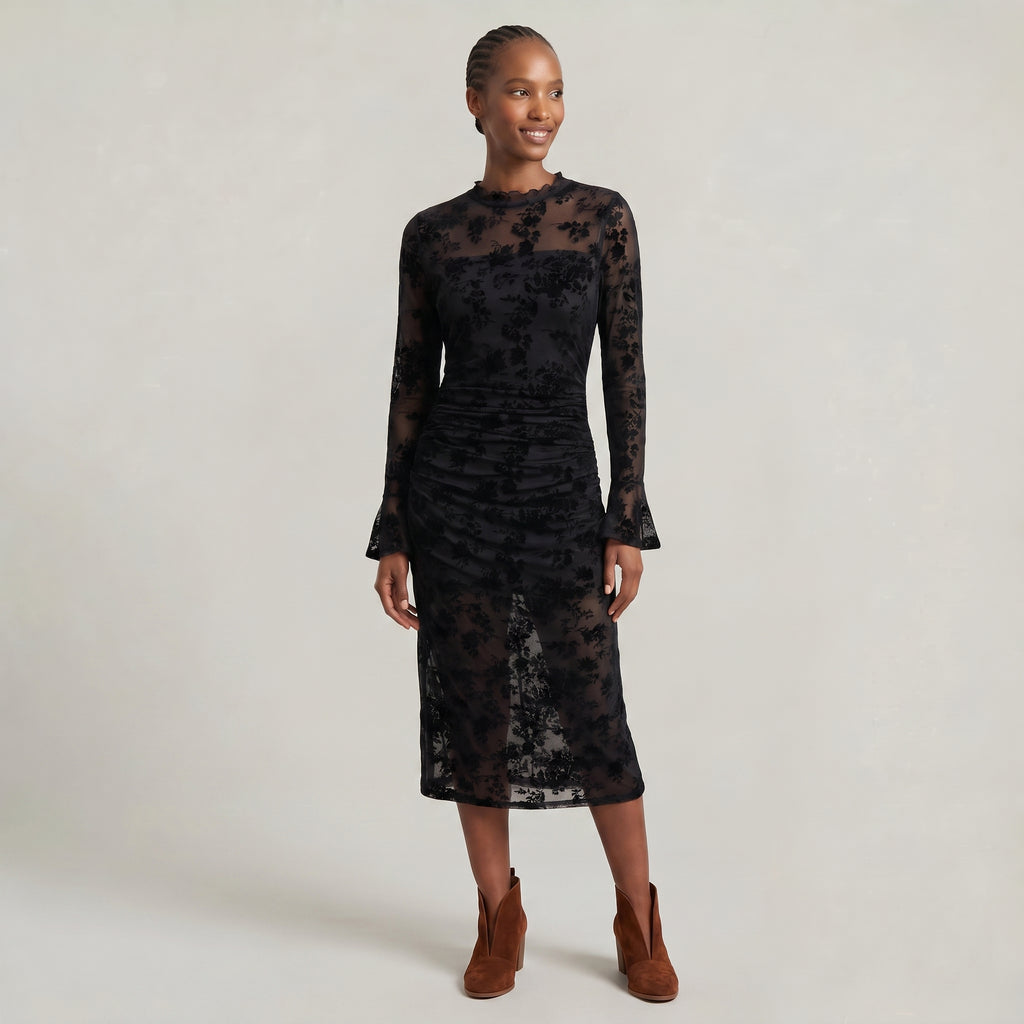 Women’s Black Lace Midi Dress - Long Sleeve Fitted Fit