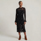 Women’s Black Lace Midi Dress - Long Sleeve Fitted Fit