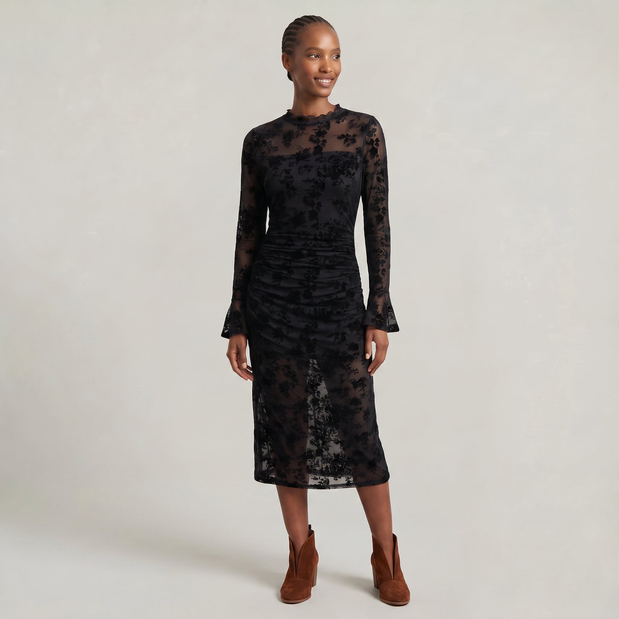 Women’s Black Lace Midi Dress - Long Sleeve Fitted Fit
