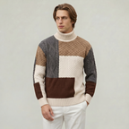 Men’s Cable Knit Sweater - Colour Block Turtleneck Slim Fit