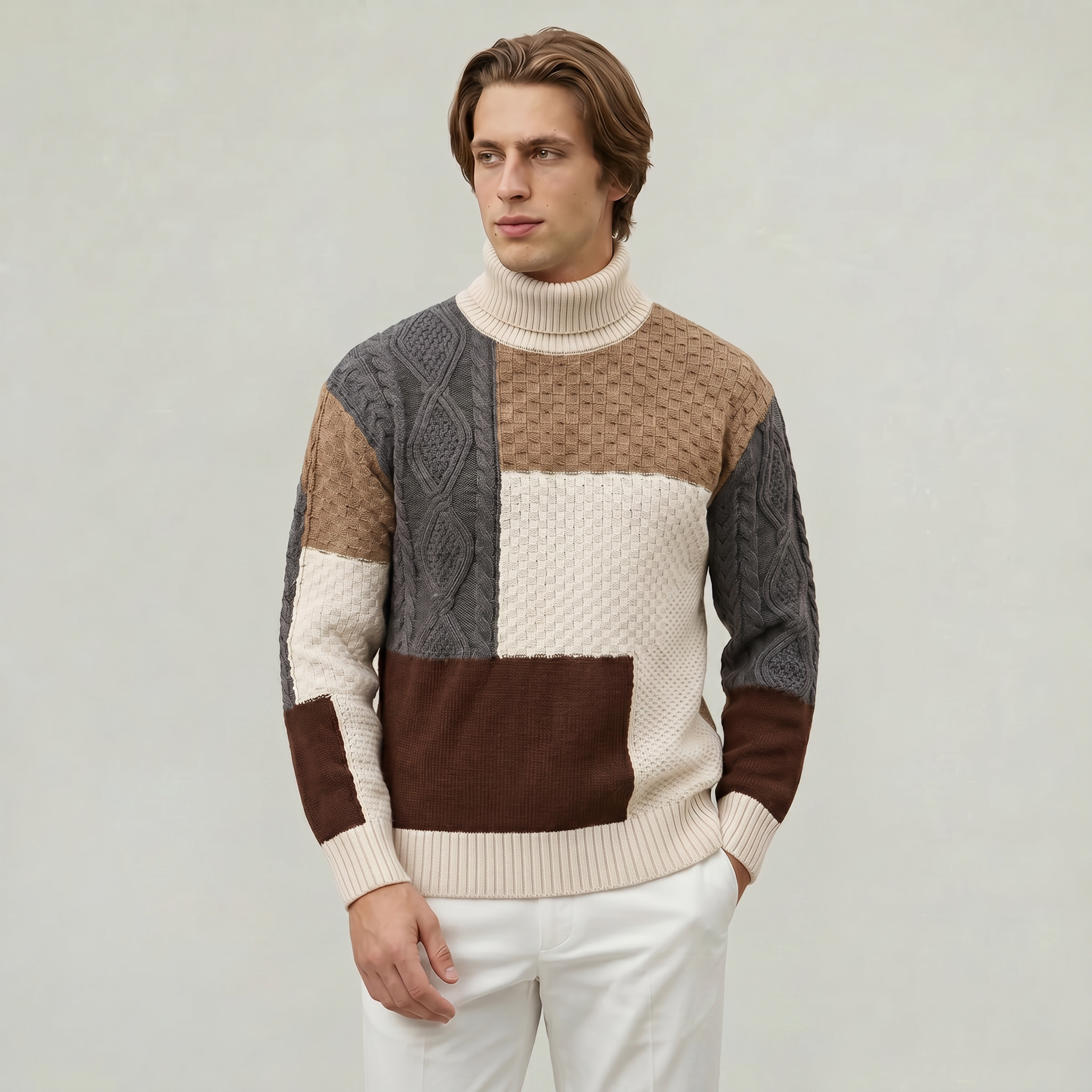 Men’s Cable Knit Sweater - Colour Block Turtleneck Slim Fit