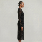 Women’s Black Lace Midi Dress - Long Sleeve Fitted Fit