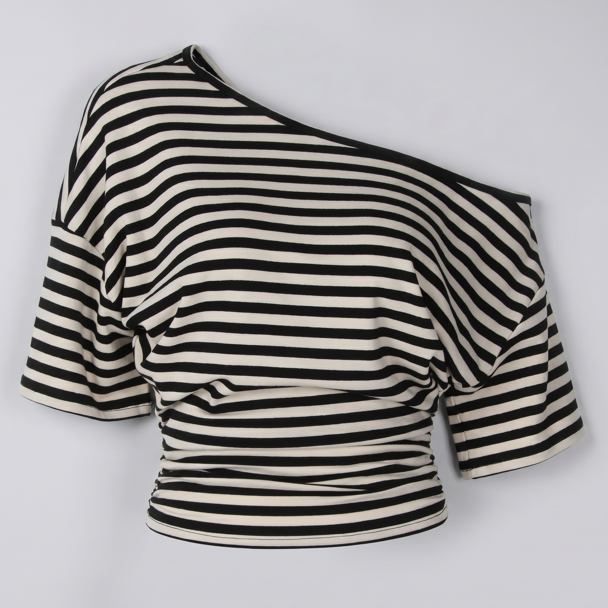 Women’s Striped Ruched Waist T-Shirt - Inclined Shoulder Slim Fit Casual Top