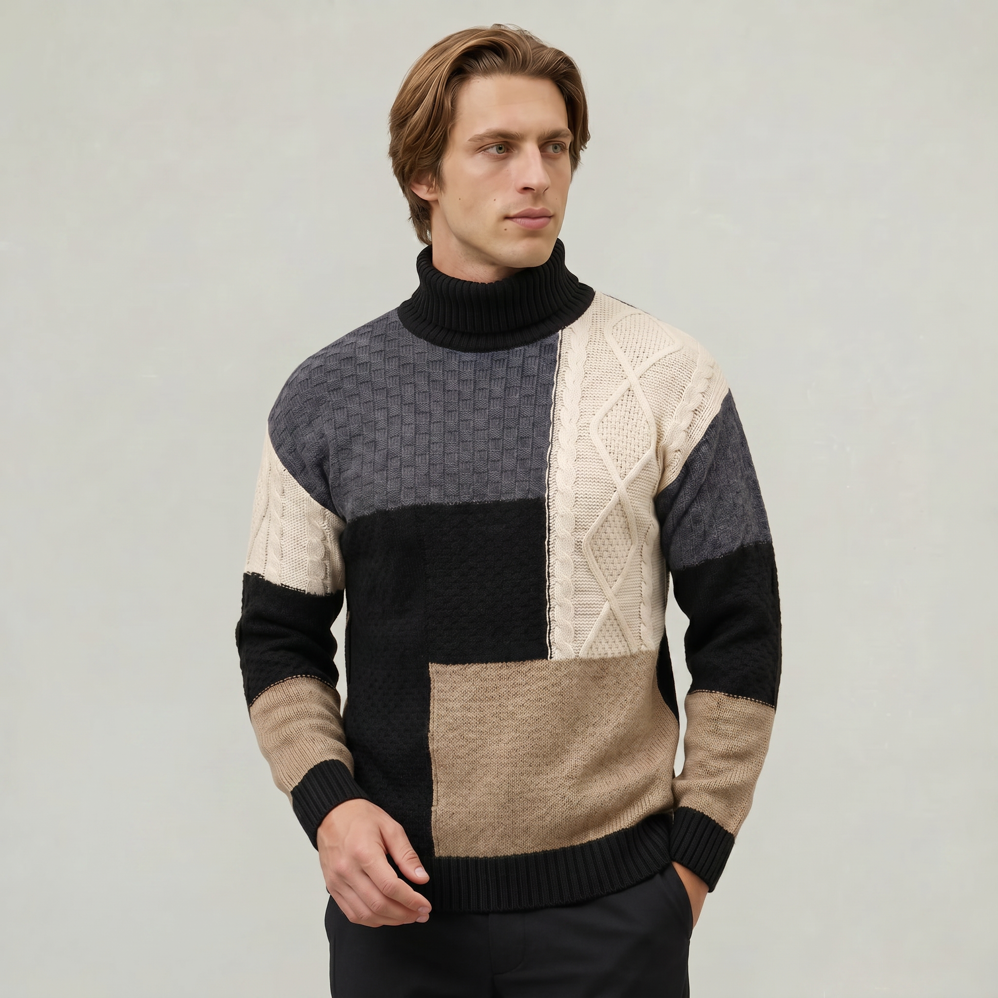 Men’s Cable Knit Sweater - Colour Block Turtleneck Slim Fit