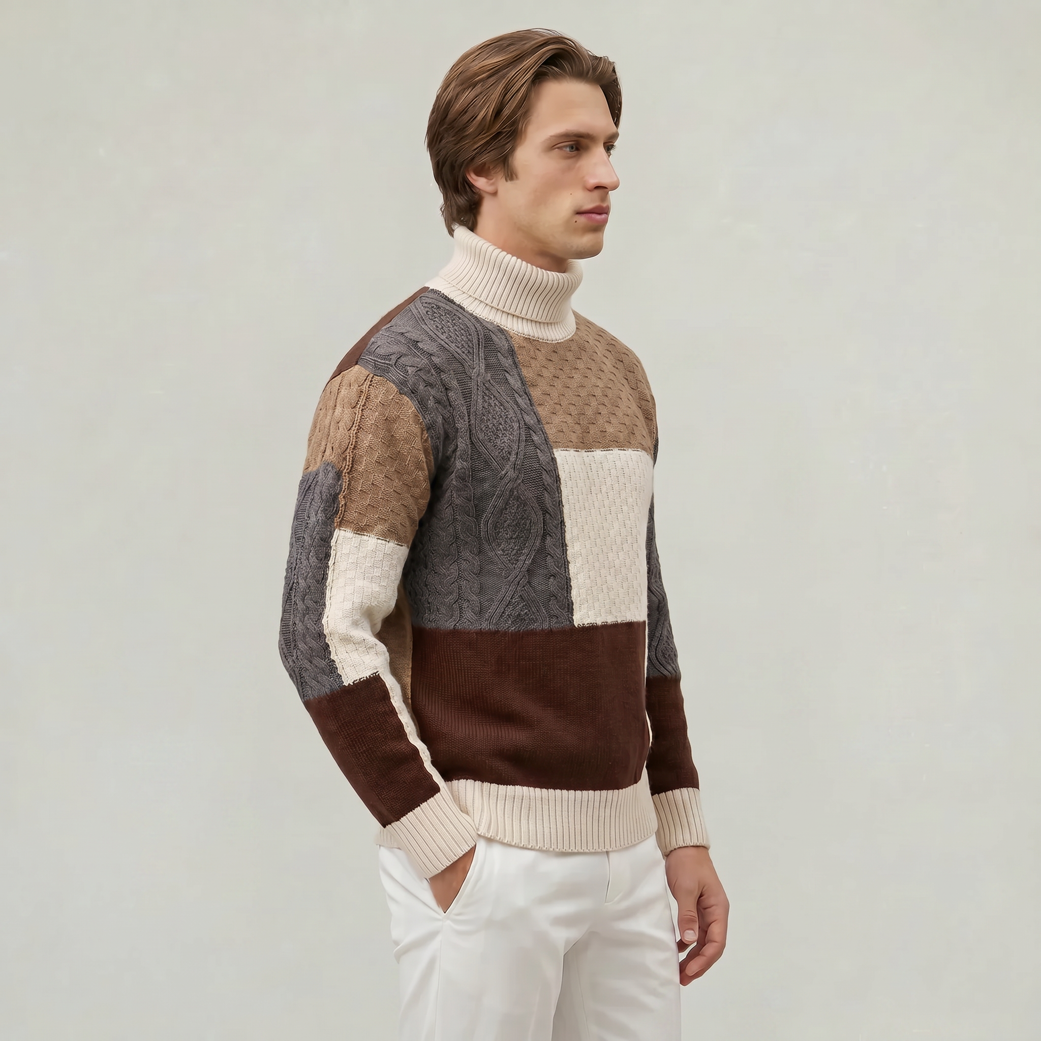 Men’s Cable Knit Sweater - Colour Block Turtleneck Slim Fit