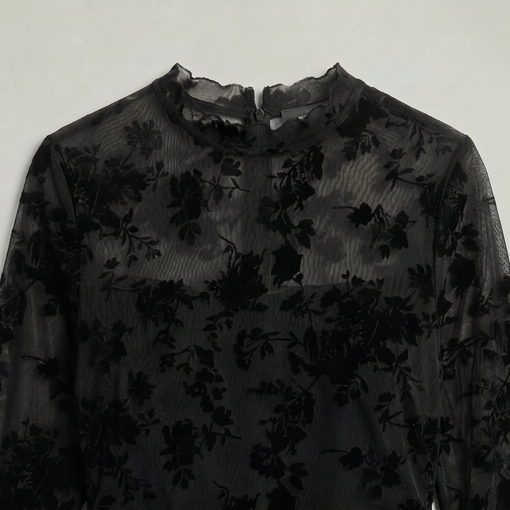 Women’s Black Lace Midi Dress - Long Sleeve Fitted Fit