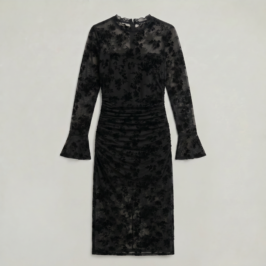 Women’s Black Lace Midi Dress - Long Sleeve Fitted Fit